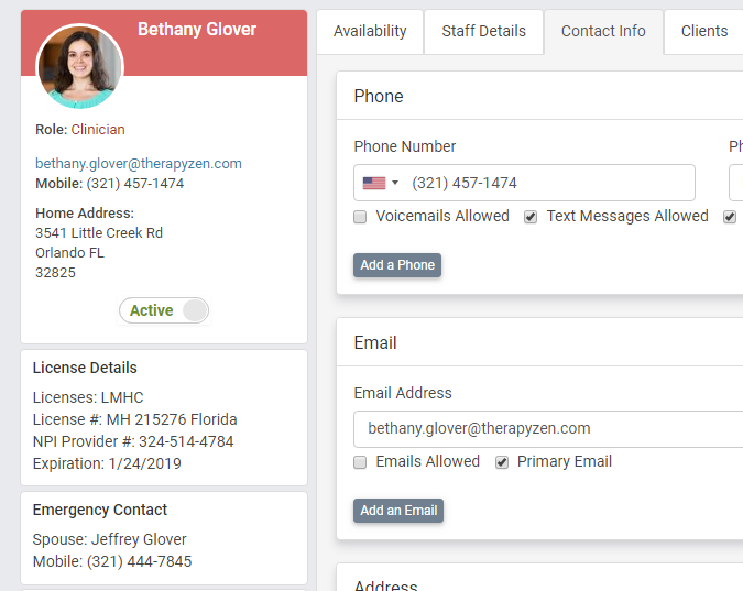 Set staff records to enable or disabled in TherapyZen