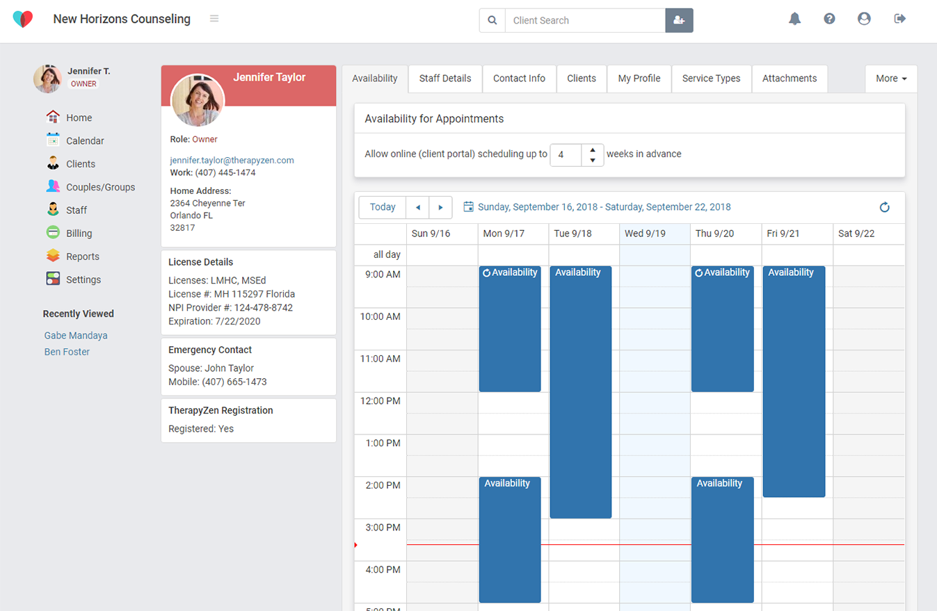 Clients can view their own profile in the Therapyzen client portal