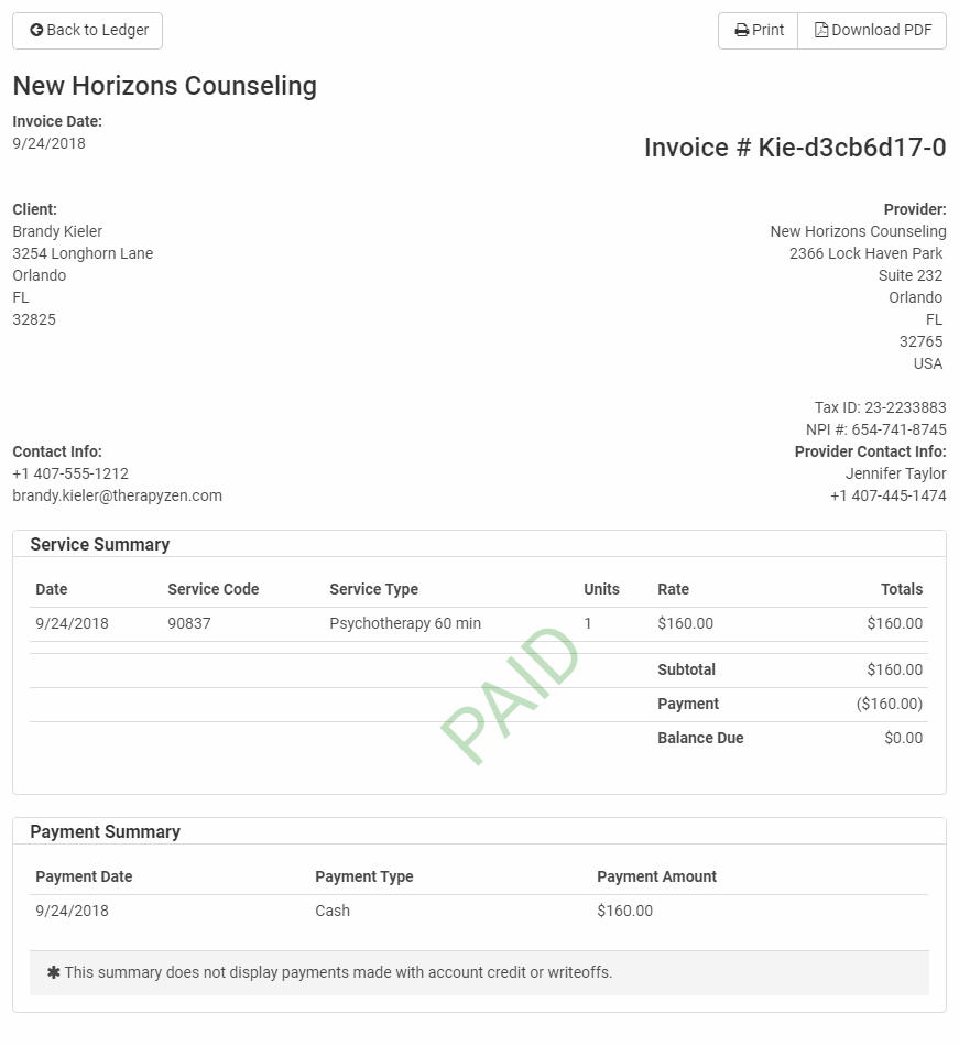 Print superbills easily using the client ledger in therapyzen