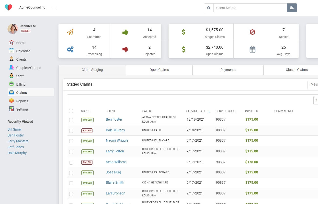 Claim activity dashboard for insurance billing in therapyzen