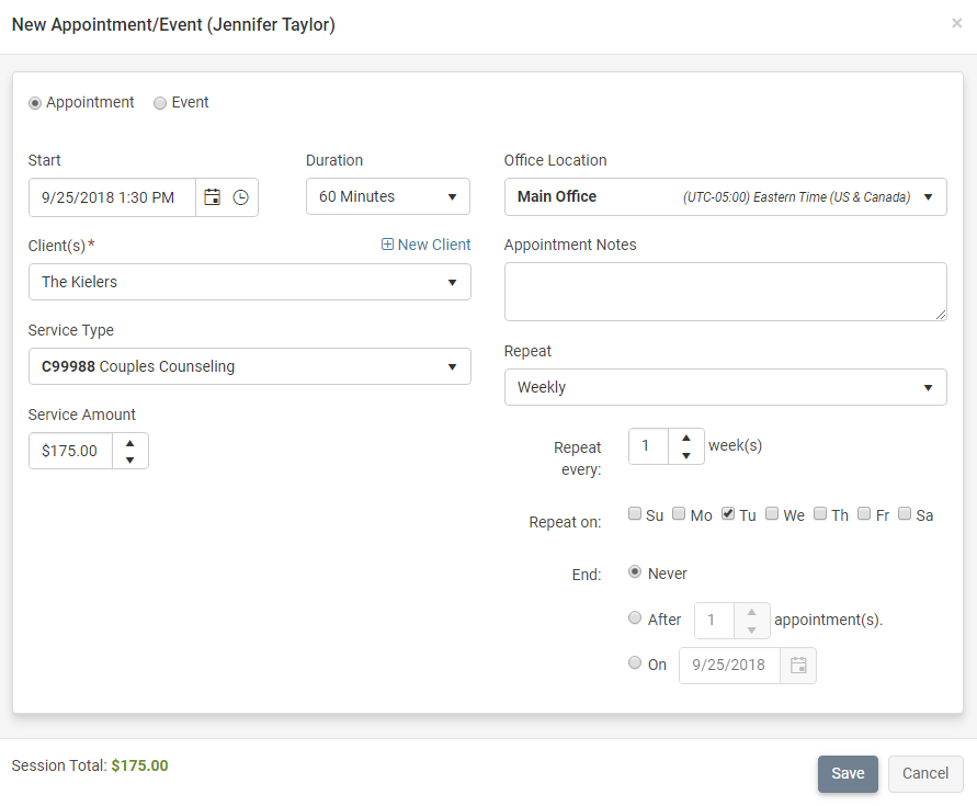 Easily create appointments for Couples and Groups in TherapyZen