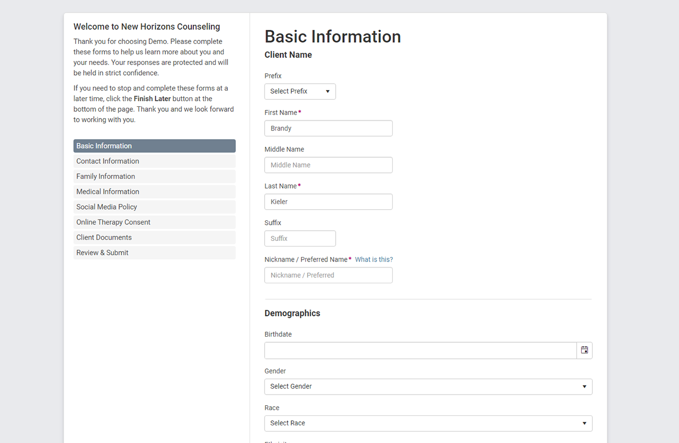 Clients fill out the online intake forms upon activing their client portal account