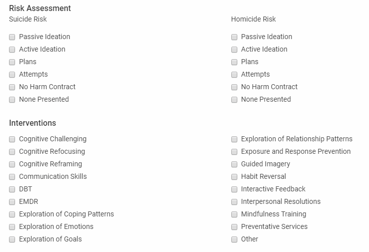 Complete the client risk assessment when creating a progress note in therapyzen